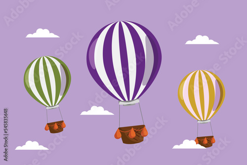 Character flat drawing of three colorful hot air balloon with stripe pattern and a passenger basket. Fun flying vacation experience in the sky with the happy family. Cartoon design vector illustration