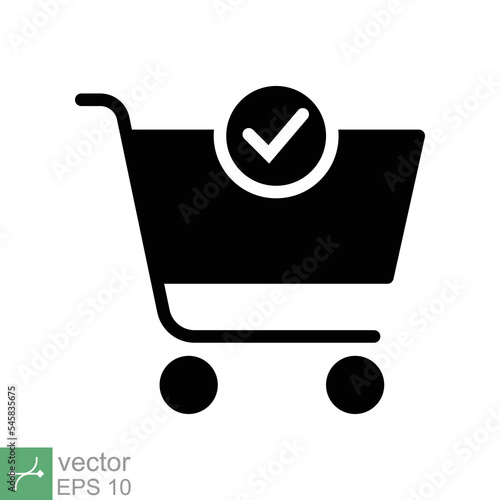 Shopping cart and check mark icon. Simple solid style for web and app, technology,  business concept. Trolley symbol isolated on white background. Glyph vector illustration. EPS 10.