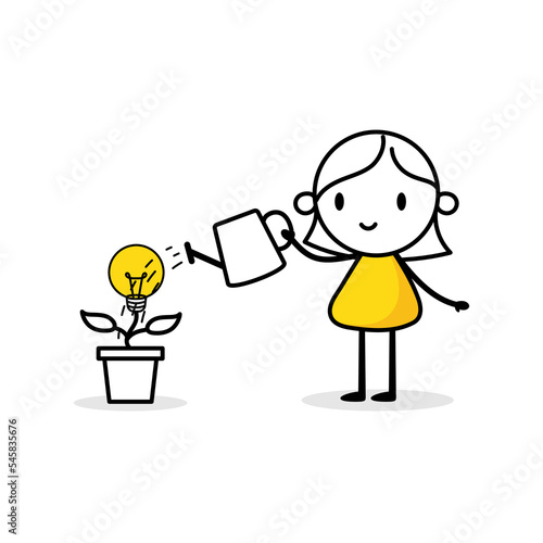 Woman is watering a tree with lightbulb with a watering can. Boy gardener grows plant. Idea for eco future, environment, electricity concept. Vector stock illustration