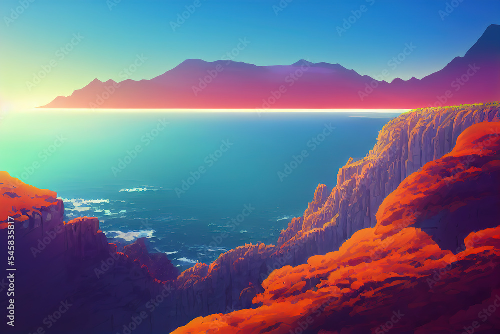 Edge of a Sheer Cliff with the Ocean. Blue Moody Atmosphere. Stylish Art Landscape Background. For Web, UI, AD, Novel, Game, Poster.