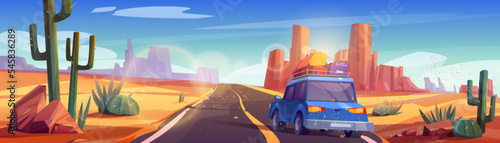 Car with baggage on top driving desert road to rocky canyon. Cartoon vector illustration of sandy wasteland landscape with cactus and long asphalt highway under blue sky. Family travel for weekend