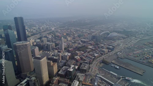 Aerial view of Seattle city downtown in Washington state.  Skyscrapers of Seattle from dronee view. photo