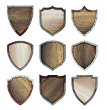 Wooden and metal shield protected steel icons sign set isolated on white background