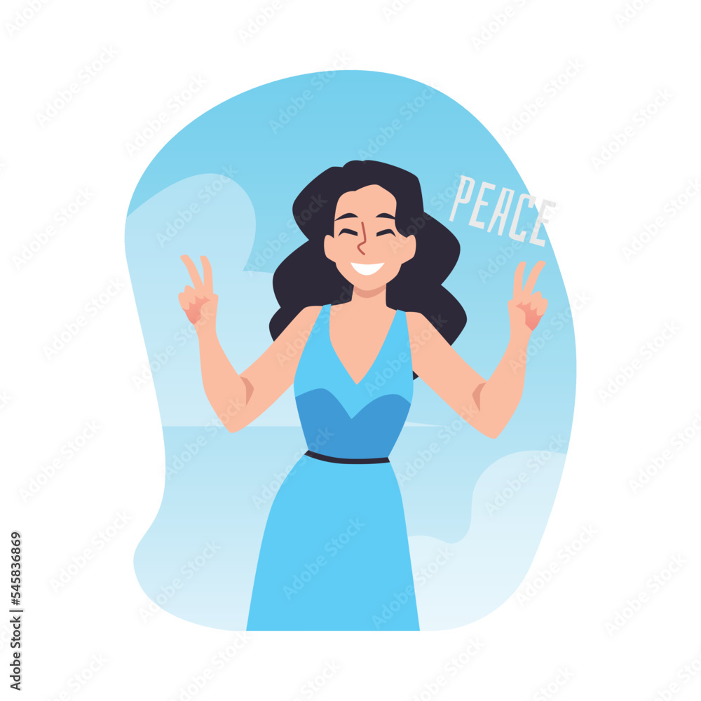 Peace inspirational banner or sticker with cheerful woman flat vector isolated. Peace inspirational banner or sticker with cheerful woman flat vector isolated.