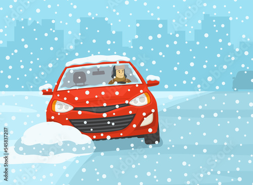 Safe car driving at winter season. Front view of a sedan skidding across the icy road. Red car loses control and gets stuck. Flat vector illustration template.