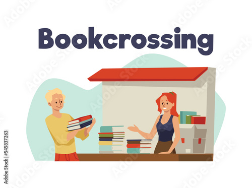 Man leaving books in bookcrossing stall, flat vector illustration isolated on white background.