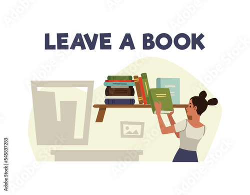 Woman leaving book on shelf of bookcrossing, flat vector illustration isolated on white background.
