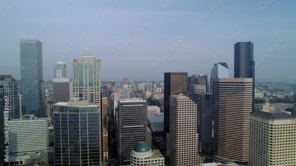 Aerial view of Seattle city downtown in Washington state. Skyscrapers of Seattle from dronee view. Aerial view of Seattle city downtown in Washington state. Skyscrapers of Seattle from dronee view.