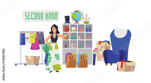 Happy woman selling old clothes and furniture at garage sale, flat vector illustration isolated on white background.