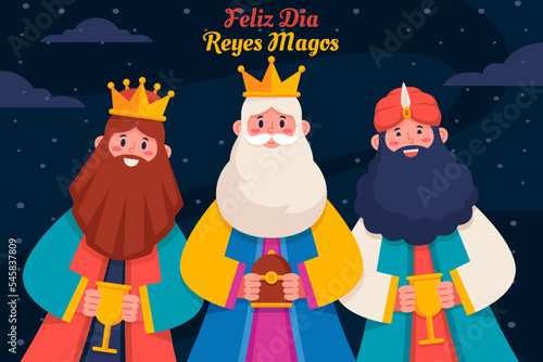 The three kings of orient, Melchior, Gaspard and Balthazar. Feliz dia de los Reyes Magos. Christmas vectors. Vector Illustration.
 photo