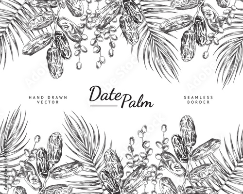 Seamless border upper and bottom edging with date fruits, sketch vector isolated.