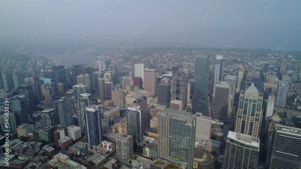 Aerial view of Seattle city downtown in Washington state. Skyscrapers of Seattle from dronee view. Aerial view of Seattle city downtown in Washington state. Skyscrapers of Seattle from dronee view.