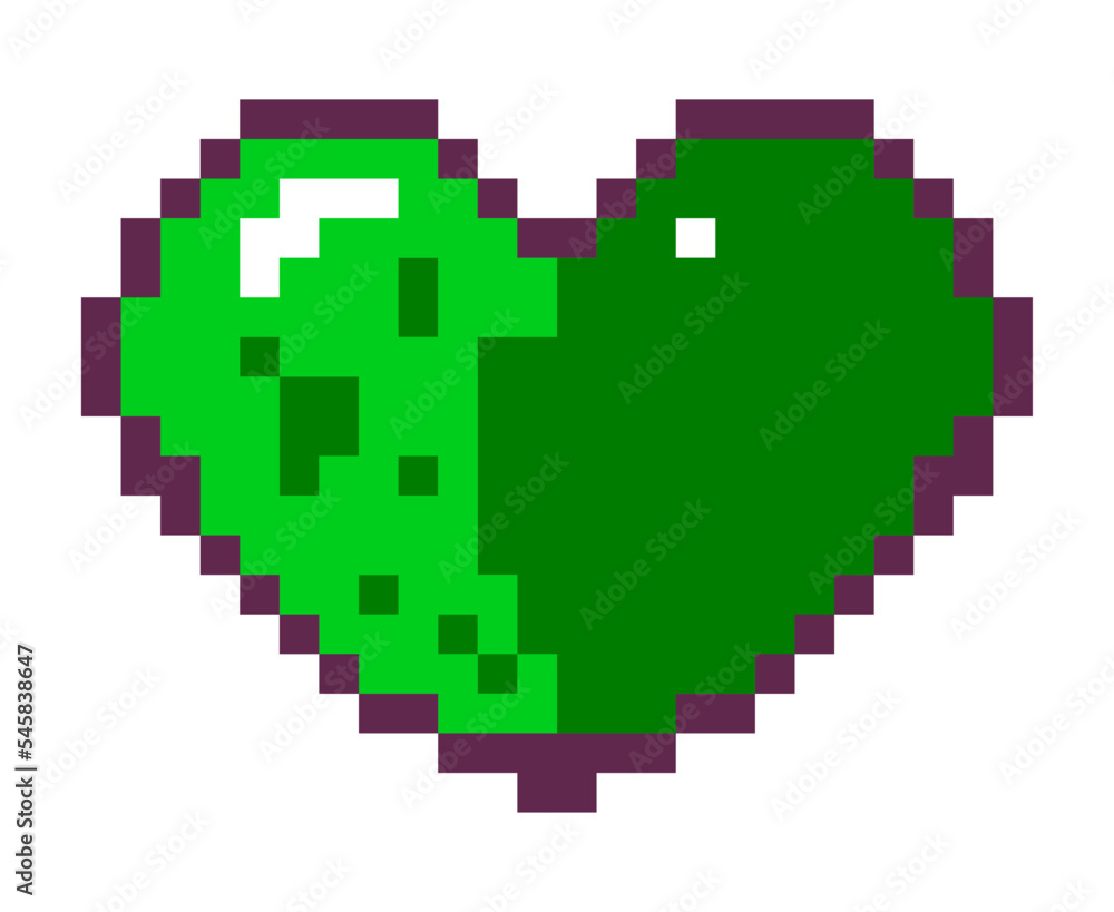 Green heart pixel art for 8 bit game interface