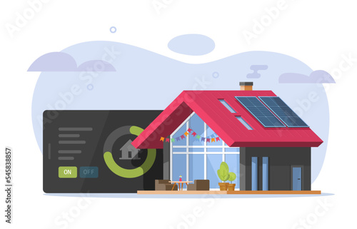 Smart home control device tablet vector graphic or house automation security remote network technology system on app screen flat illustration, modern apartment digital monitoring iot, eco tech design
