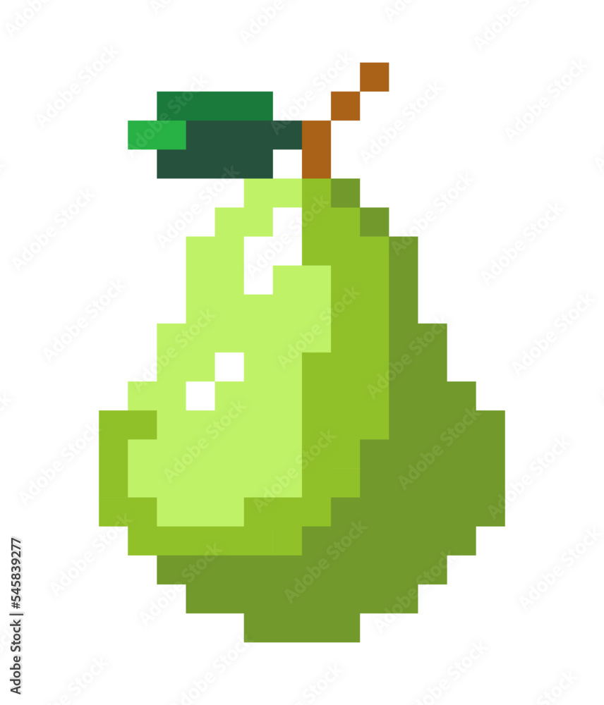 Ripe pear fruit with green leaf, pixels icons Ripe pear fruit with green leaf, pixels icons