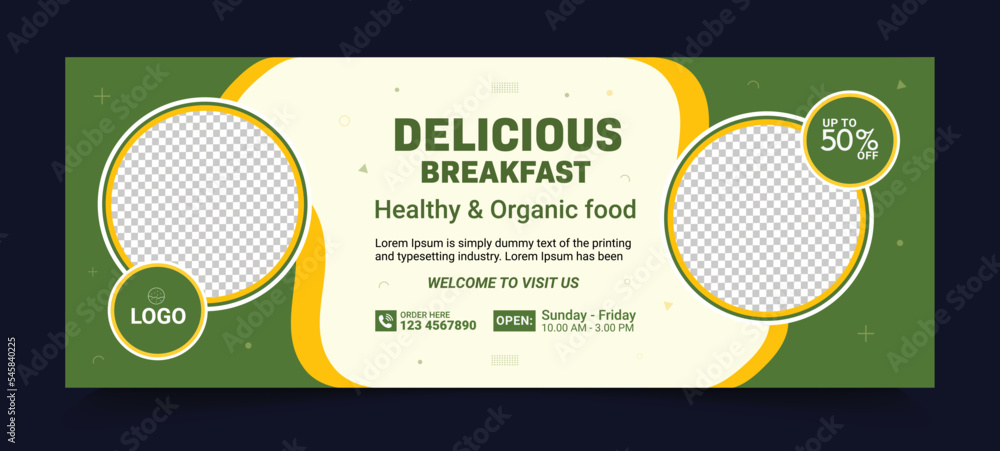 Food cover concept for social media food banner design for ads, fast food banner cover design. Food cover page timeline Food cover concept for social media food banner design for ads, fast food banner cover design. Food cover page timeline