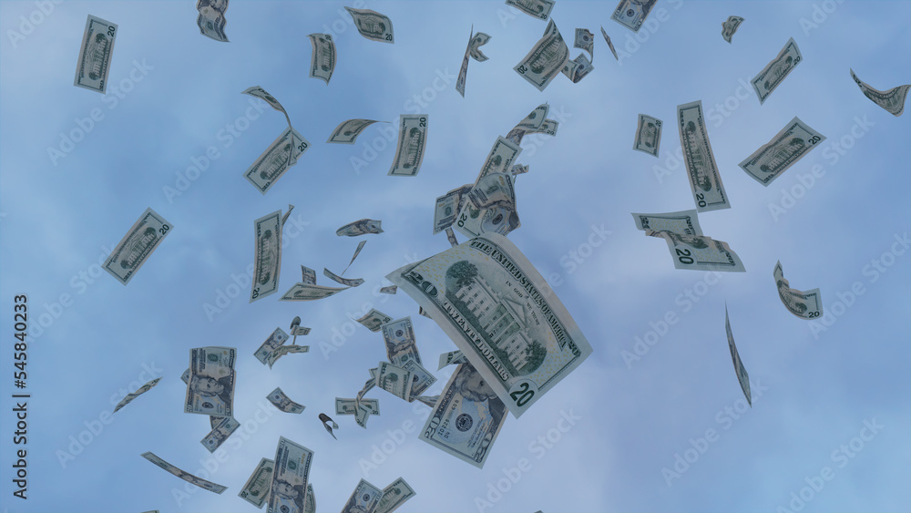 Money falling from the Sky. Twenty Dollar Bills against Overcast Sky