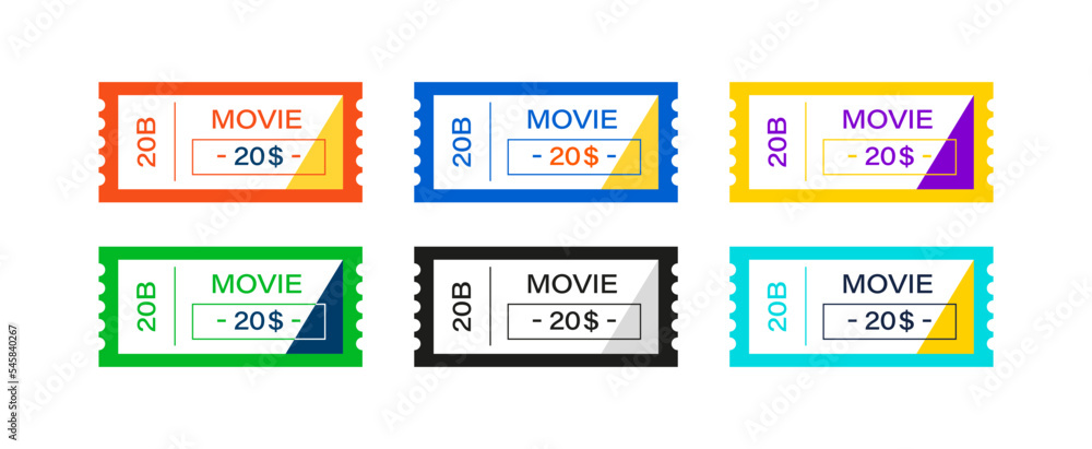 Movie ticket vector design template. Coupon pass festival paper symbol. Six colorful concept.