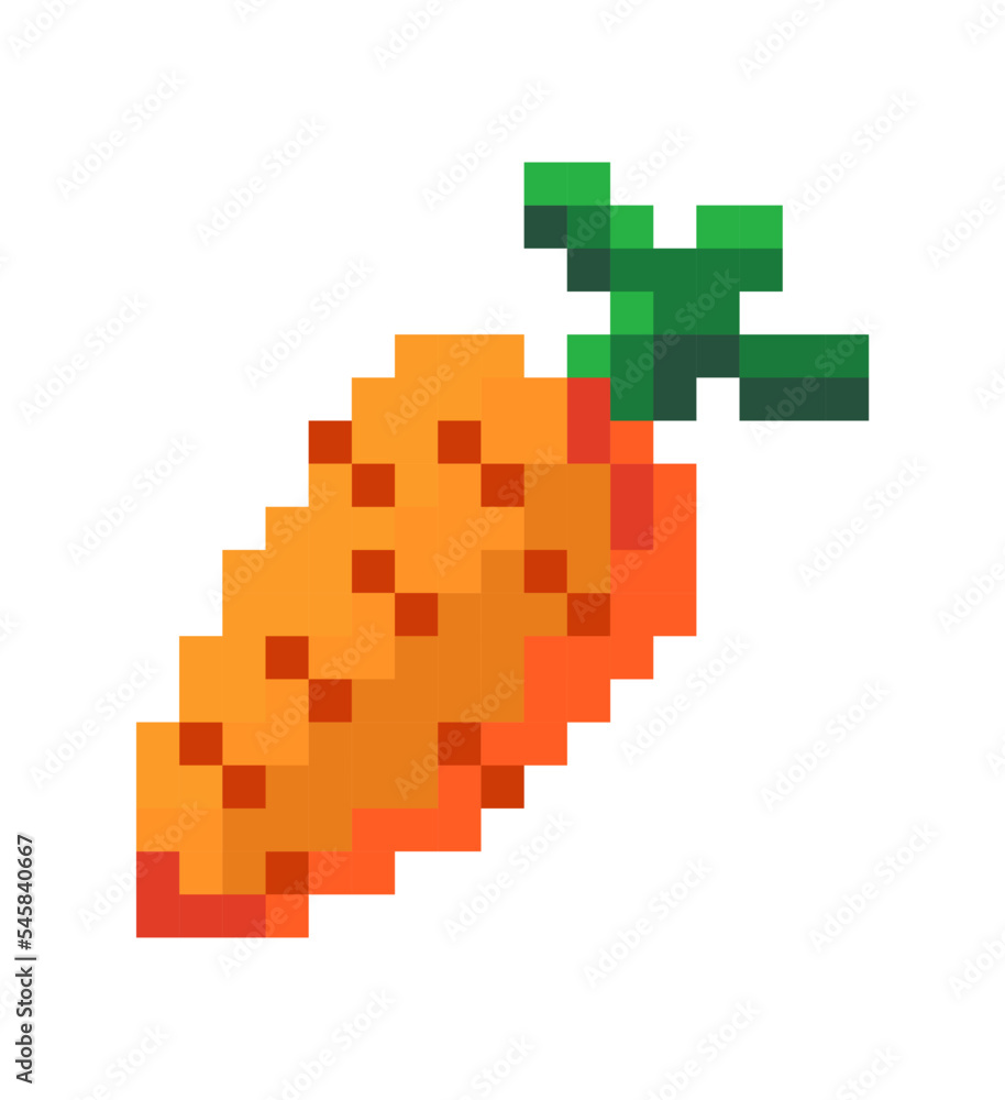 Pixelated carrot vegetable with leaf, 8 bit icon