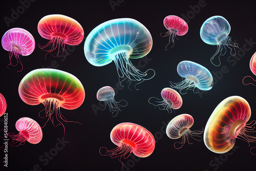 Colorful acid Jellyfish moving in water. 2d illustration