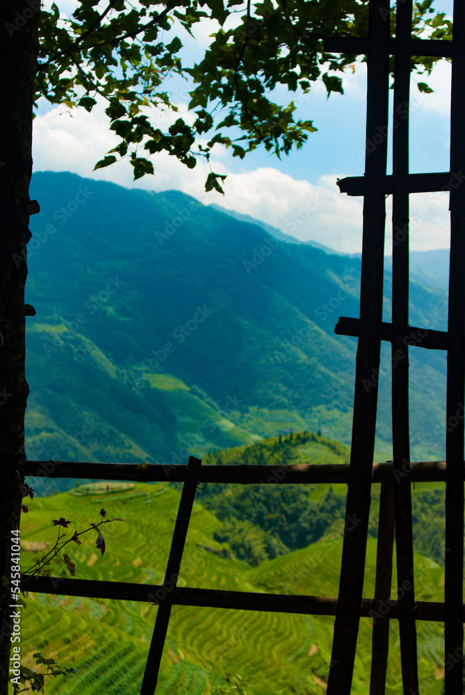 Green terraces and mountain through window, Asia