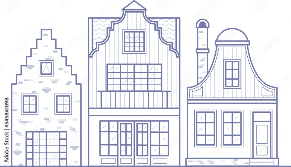 Group of Amsterdam houses. Facades of European old buildings. Holland homes. 
