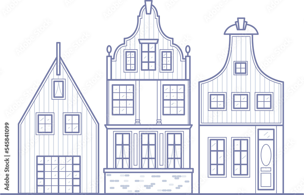 Group of Amsterdam houses. Facades of European old buildings. Holland homes. 
