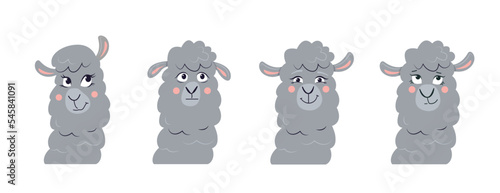 Set of cartoon alpacas heads with a different emotion. Funny lamas. Cute animals.