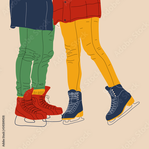 Couple on ice skating date semi flat color vector characters. Pair skating. Cartoon style illustration