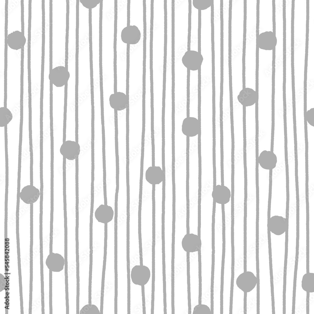 Dark silver polka dot and uneven stripes on white background. Hand drawn seamless pattern. For