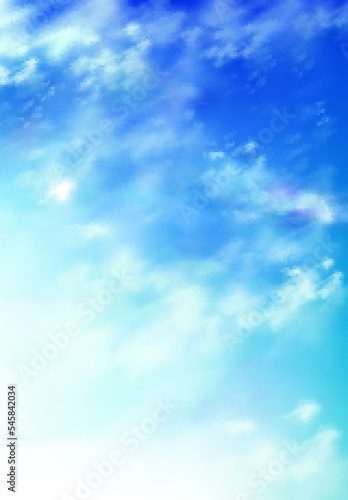 Realistic sky, blue heaven with white soft fluffy clouds abstract natural background. Tranquil cloudscape view, vivid fantasy vertical backdrop, beautiful skyey paradise, 3d vector illustration