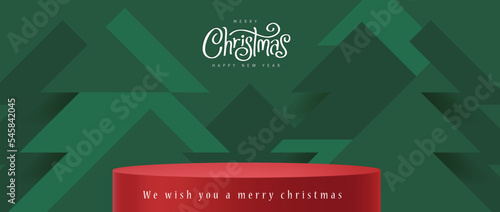 Christmas banner with red product display and Christmas tree abstract background