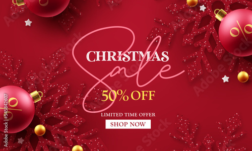 Merry christmas sale vector banner design. Christmas limited offer text with glitter snowflakes in red elegant background. Vector Illustration.
