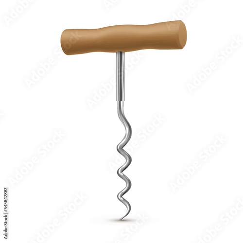 Corkscrew professional winery equipment with wooden handle realistic vector illustration