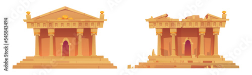 Set of preserved and ruined ancient building facade isolated on white background. Cartoon vector illustration of antique Greek or Roman temple with columns and stairs. Historic architecture landmark