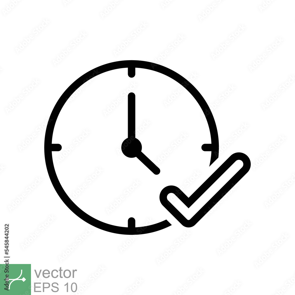 Check mark on clock icon. Simple outline style. Real time protection, perfect hour, circle watch, timer concept. Thin line vector illustration isolated on white background. EPS 10. Check mark on clock icon. Simple outline style. Real time protection, perfect hour, circle watch, timer concept. Thin line vector illustration isolated on white background. EPS 10.