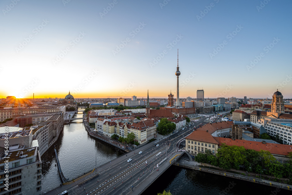 The center of Berlin with the famous TV Tower at sunset