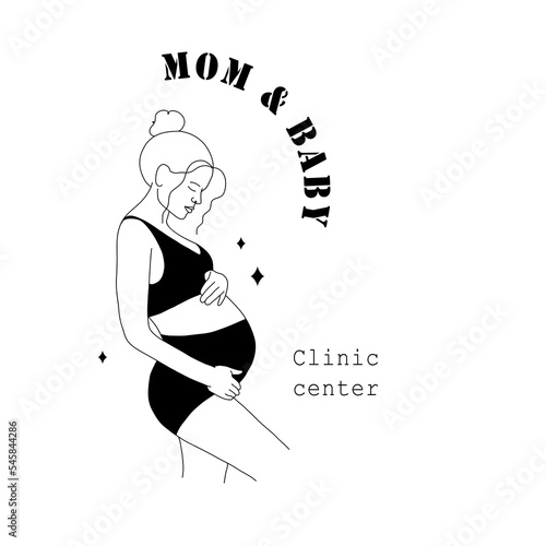 Mom and baby logo. Logotype for maternity hospital with pregnant woman in linear style. Pregnancy and motherhood. Modern vector hand drawn illustration. Clinic center and health care.
