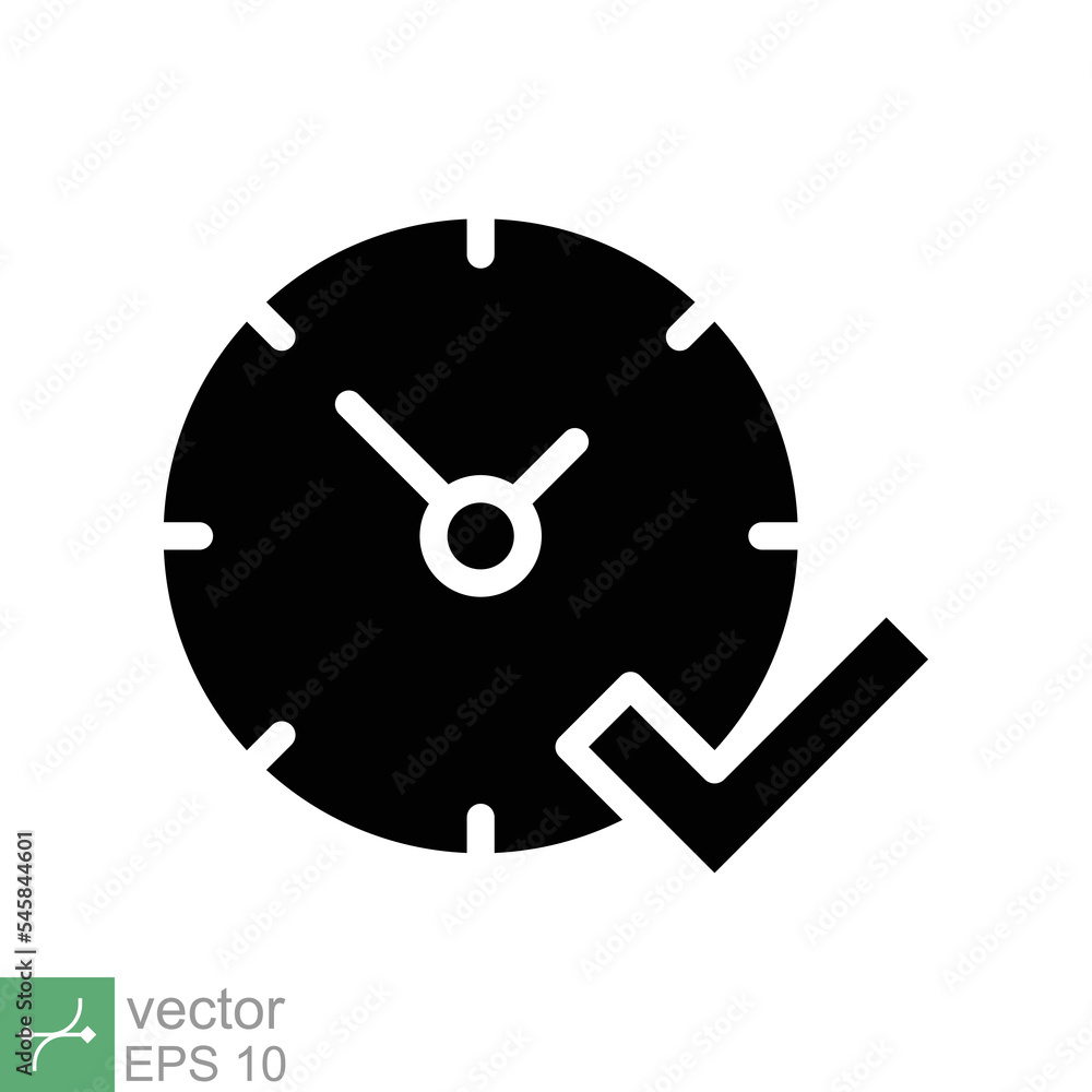 Check mark on clock icon. Simple solid style. Real time protection, perfect hour, circle watch, timer concept. Glyph vector illustration isolated on white background. EPS 10. Check mark on clock icon. Simple solid style. Real time protection, perfect hour, circle watch, timer concept. Glyph vector illustration isolated on white background. EPS 10.