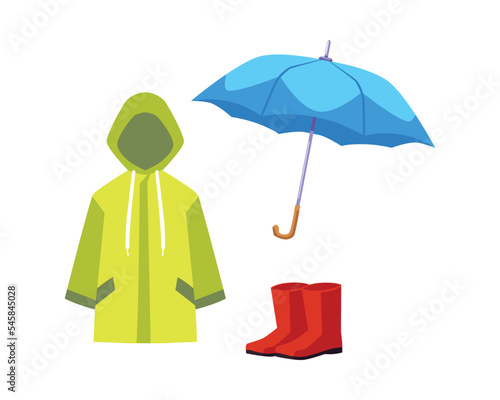 Set of children clothes for rainy season flat style, vector illustration