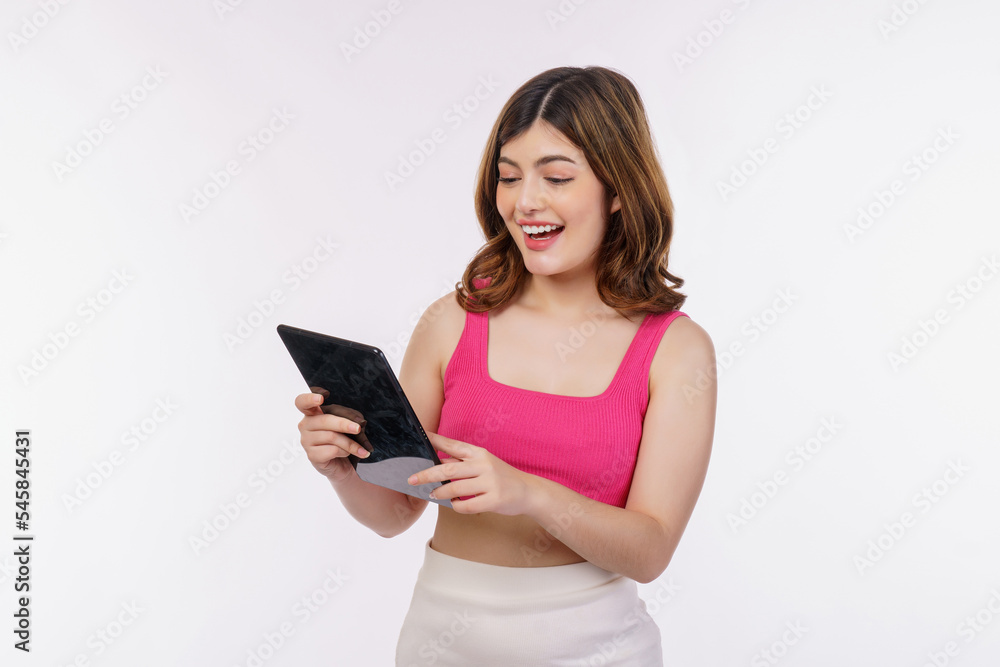 Portrait of excited young woman holding tablet isolated over white background Portrait of excited young woman holding tablet isolated over white background