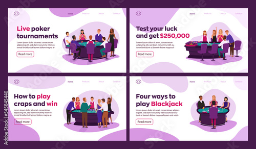 Illustrations for online casino website design. People play different games in the casino web banners. Poker, roulette, craps and blackjack. Casino interior decor. Gambling industry