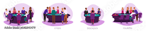 People play roulette, craps game, poker game and blackjack vector set. Casino, gaming house flat illustration. Happy people characters. Casino interior decor. Gambling industry. For design casino web