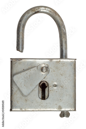 Old iron padlock on a white background. Close-up of a metal lock.