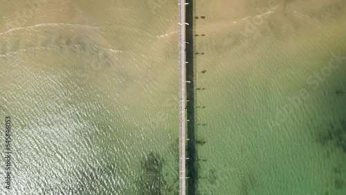 Overhead View Of Wooden Pier Walkway In Abino Bay Of Lake Erie In Ridgeway, Fort Erie, Ontario, Canada. - aerial photo