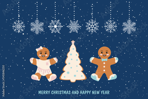 New Year's card Merry Christmas and Happy New Year. Greeting card with snowflakes and gingerbread men. Vector illustration on a blue background.