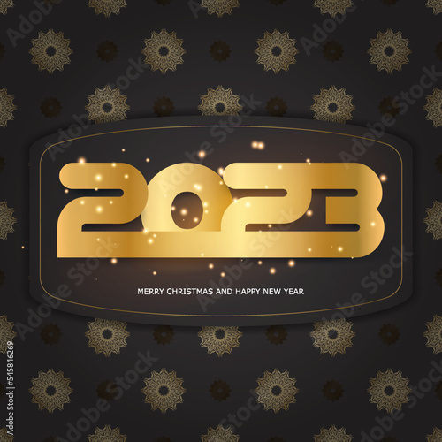 Golden pattern on black. 2023 happy new year festive background.