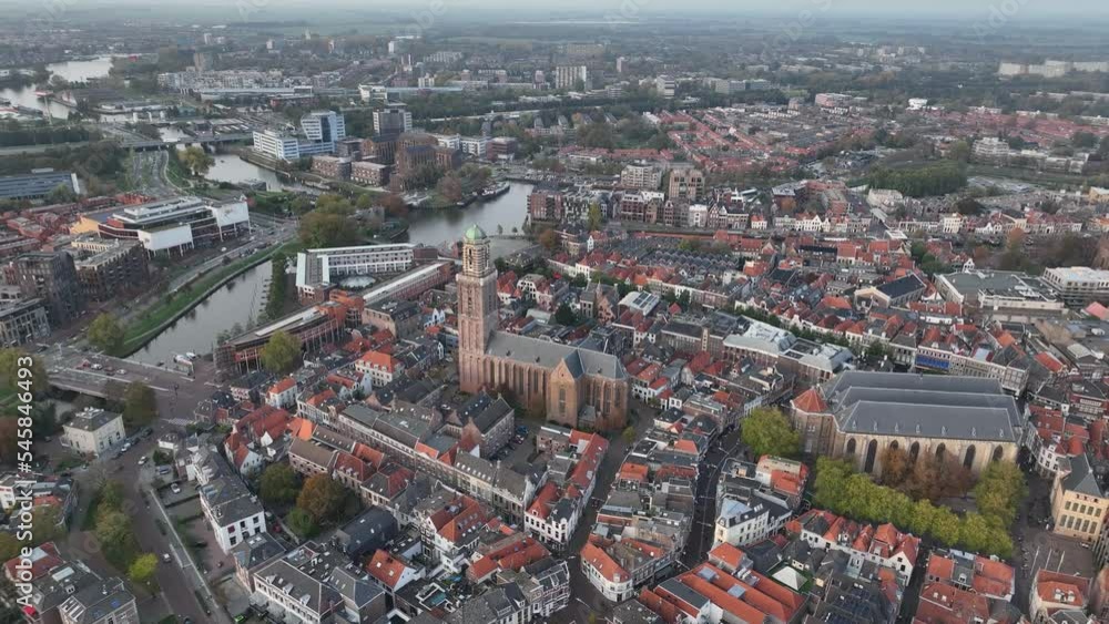 Zwolle old historic city center and city walls overhead skyline. Canal