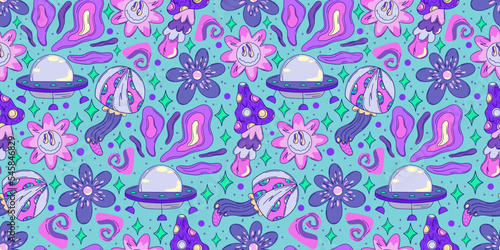 Trippy y2k seamless pattern with mushroom and ufo. Crazy flower abstract. Doodle vector seamless pattern. Magic alien trippy design.
