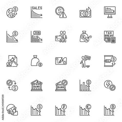 Economic crisis line icons set